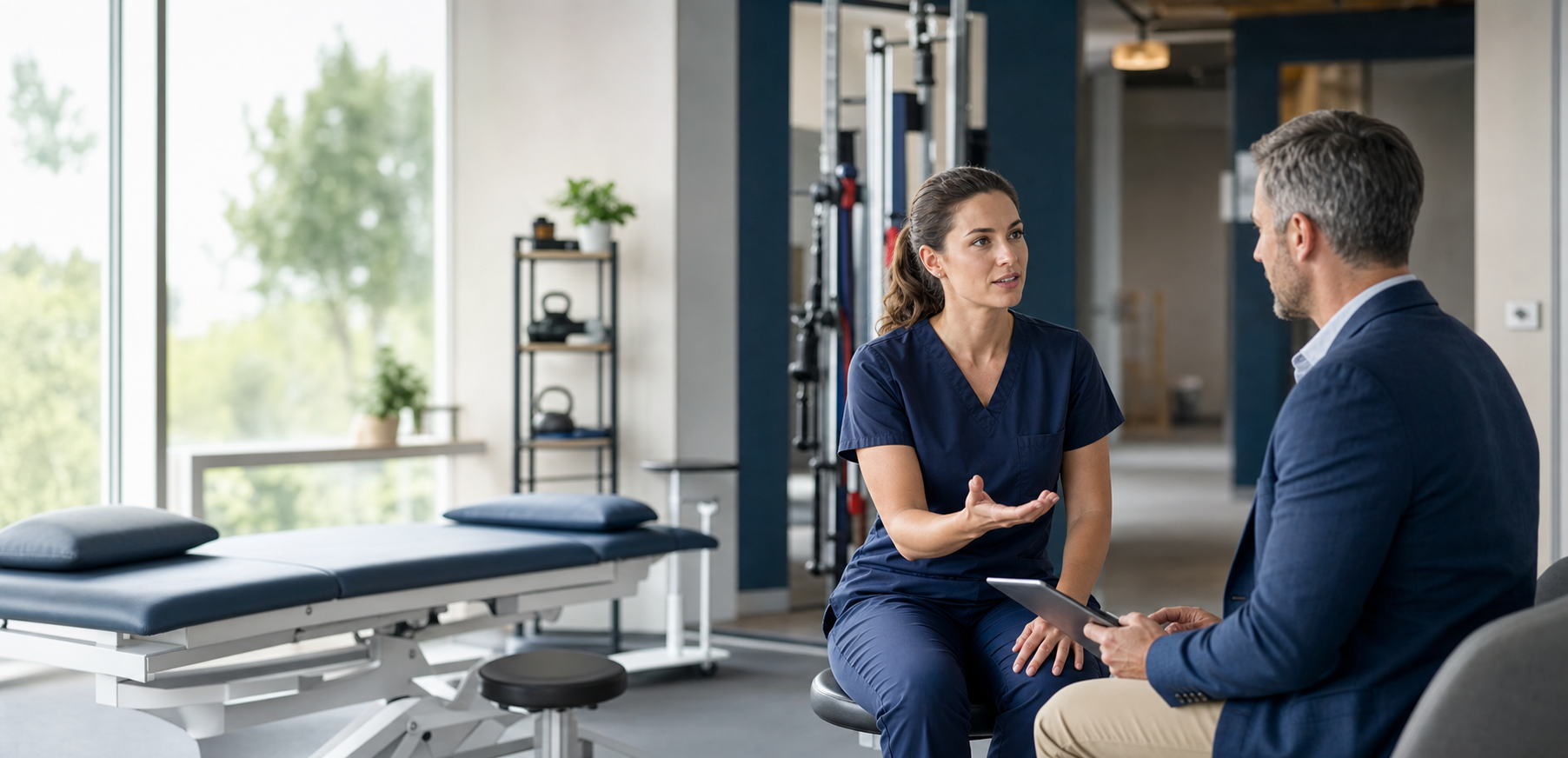 Physical therapist and healthcare hiring manager in a modern clinic conversation